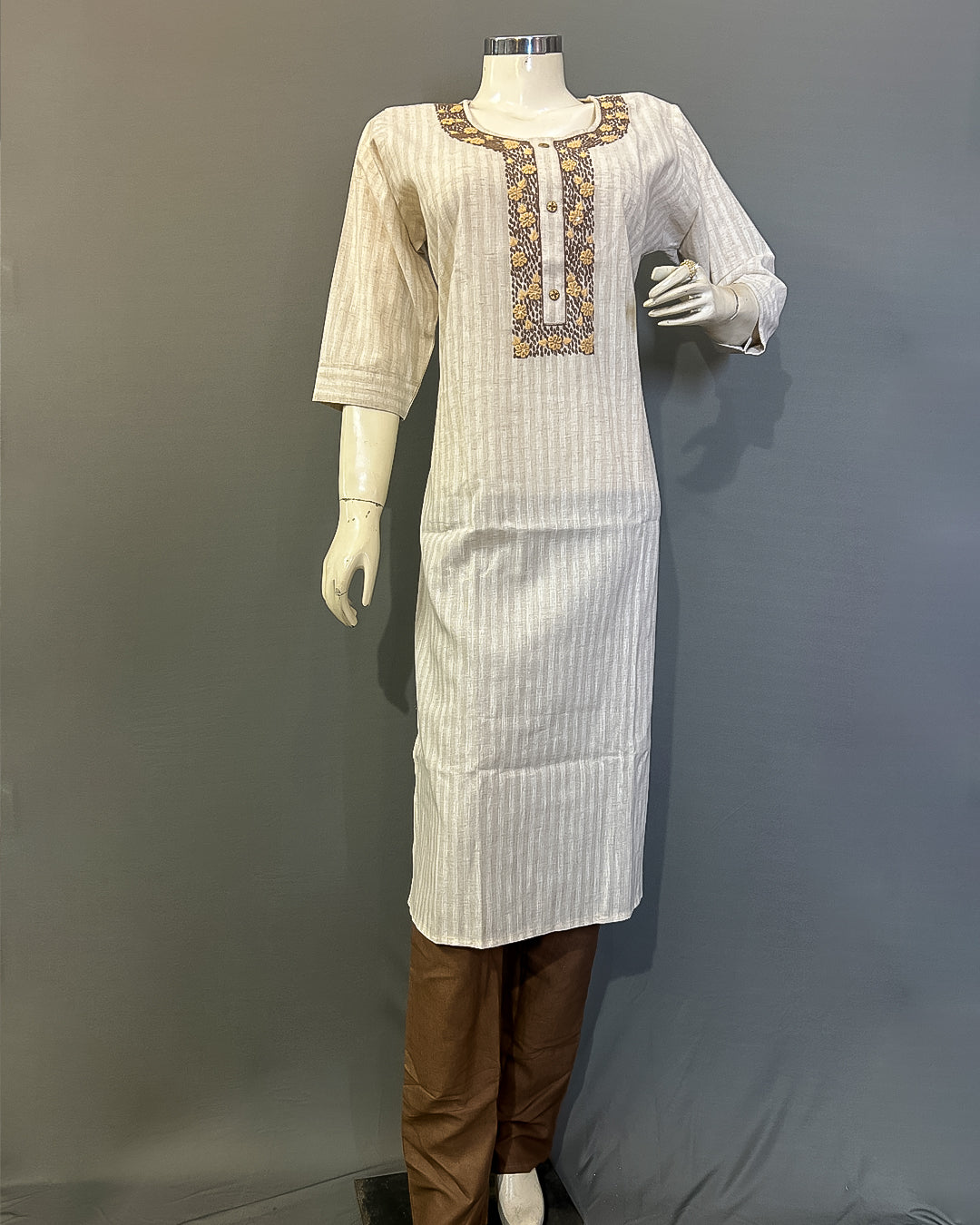 Desert Stripe Embroidered Linen Cotton Kurti Set