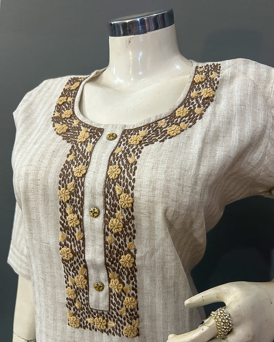 Desert Stripe Embroidered Linen Cotton Kurti Set