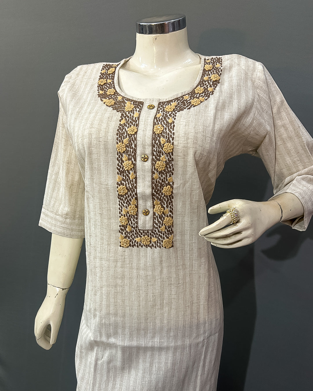 Desert Stripe Embroidered Linen Cotton Kurti Set