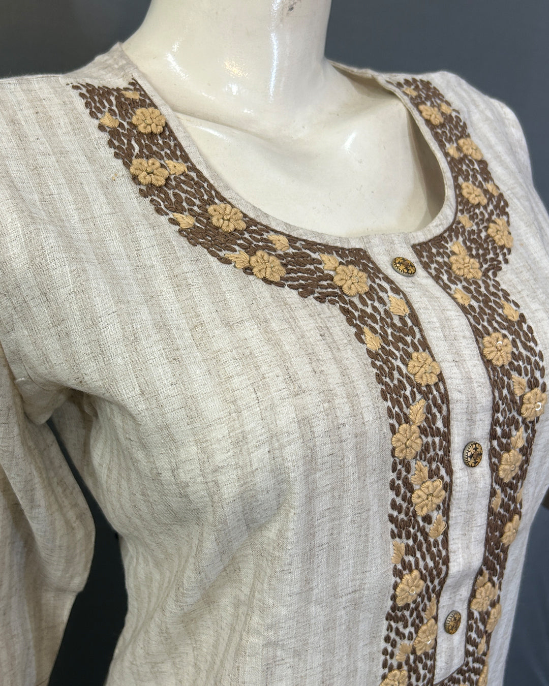 Desert Stripe Embroidered Linen Cotton Kurti Set