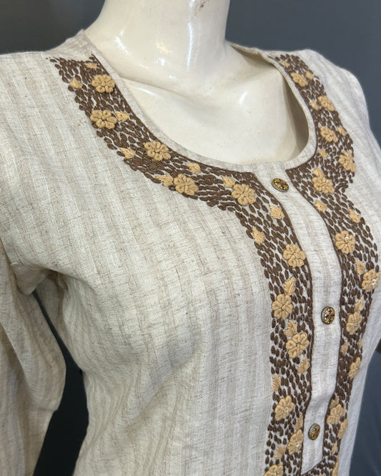 Desert Stripe Embroidered Linen Cotton Kurti Set