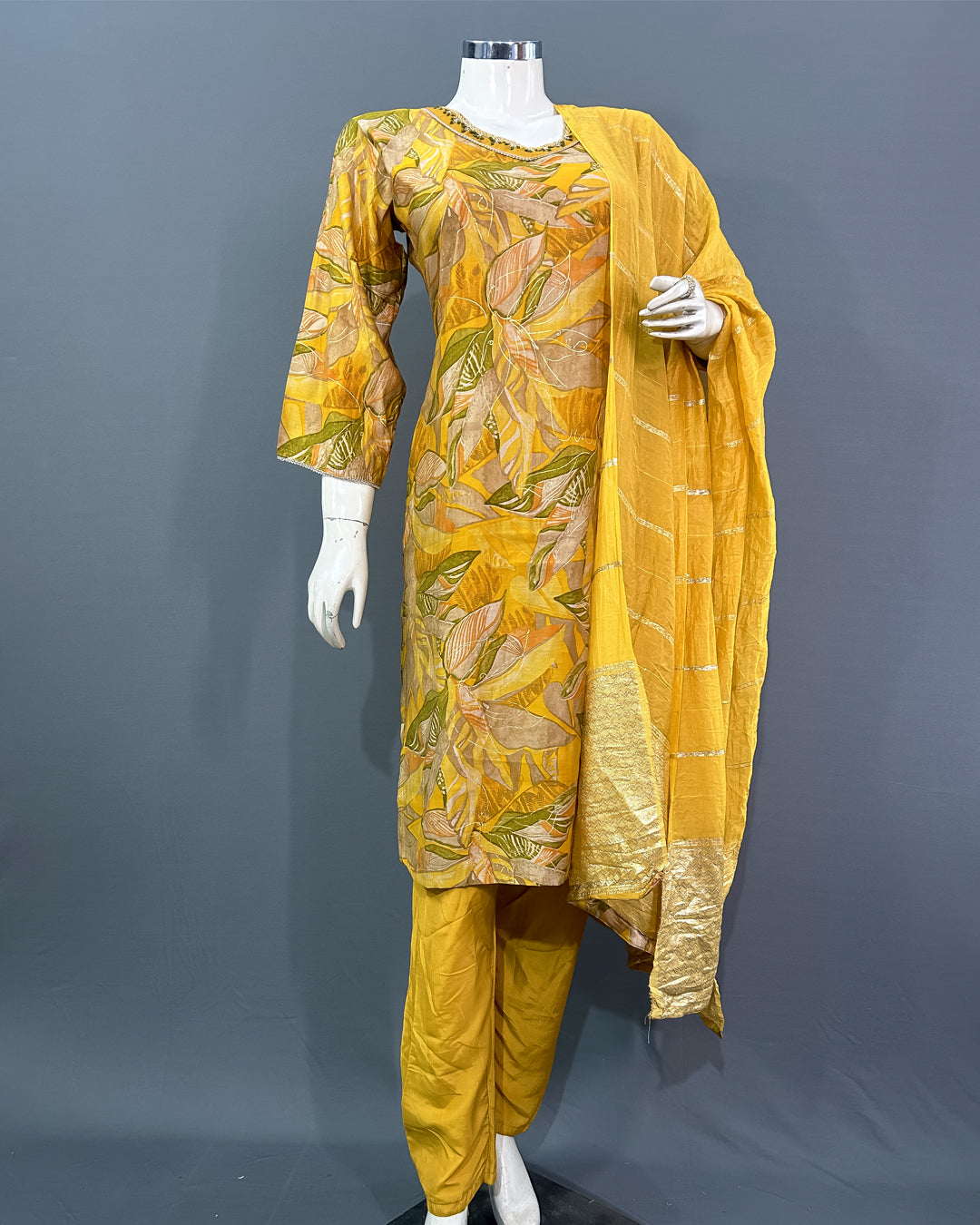 Sunshine Leaf Print Rayon Cotton Kurti Set