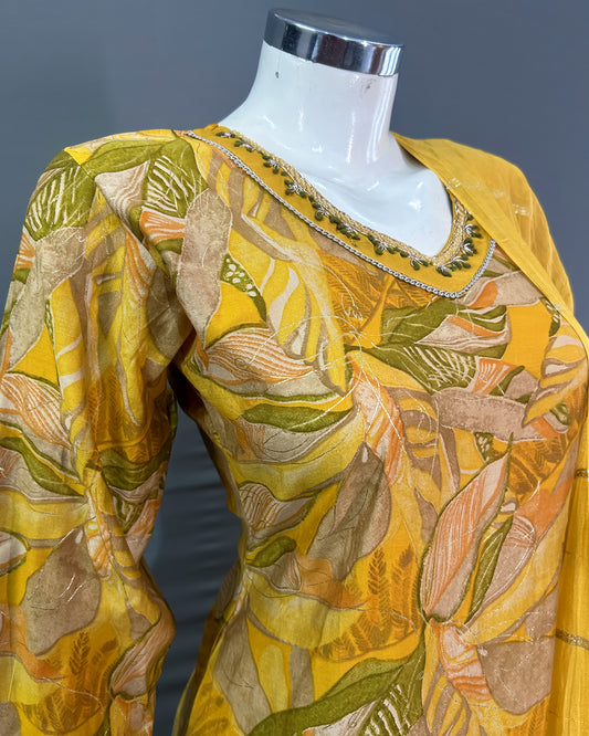 Sunshine Leaf Print Rayon Cotton Kurti Set