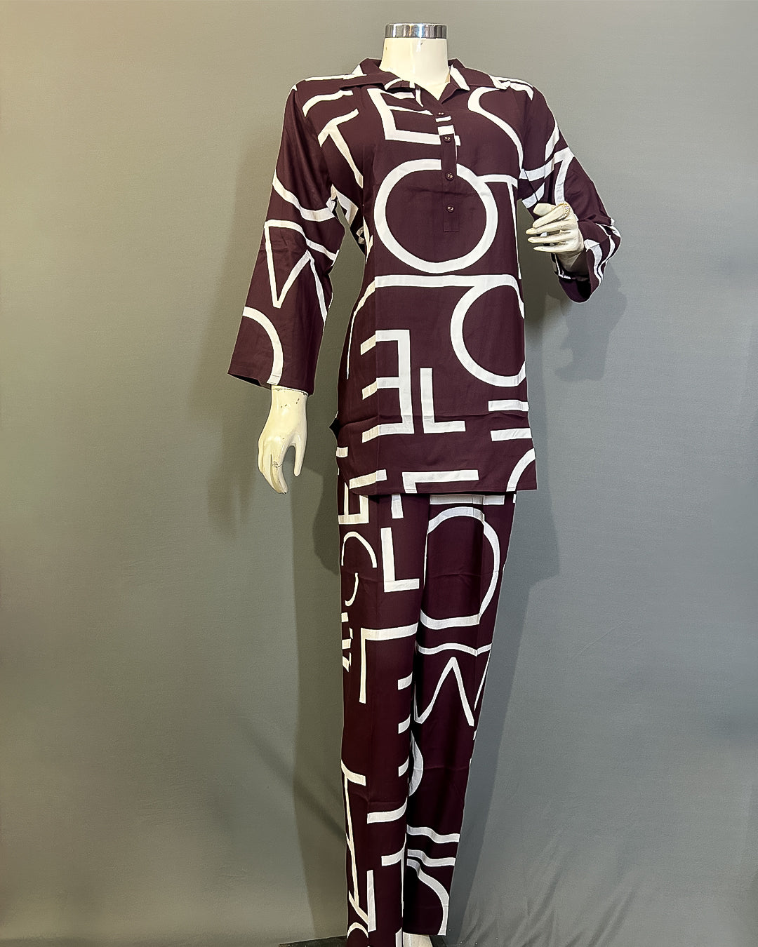 Urban Script Deep Co-ord Set (Maroon Rayon)