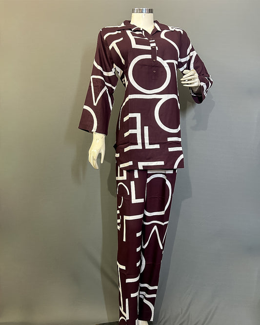 Urban Script Deep Co-ord Set (Maroon Rayon)