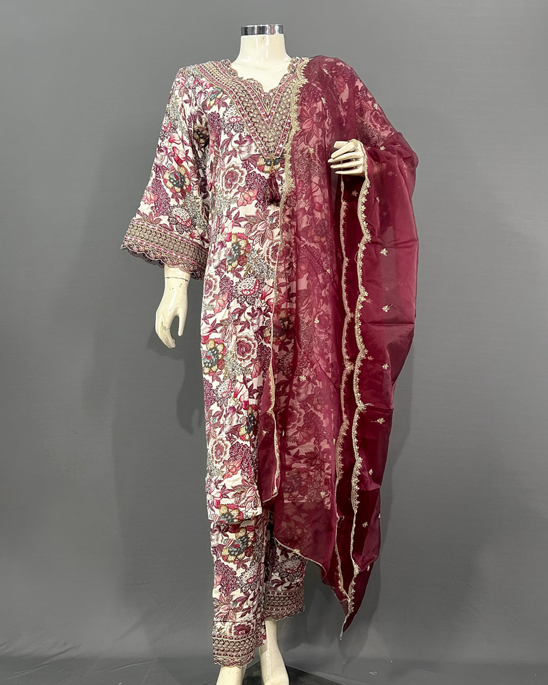 Vintage Burgundy Floral Rayon Cotton Kurti Set