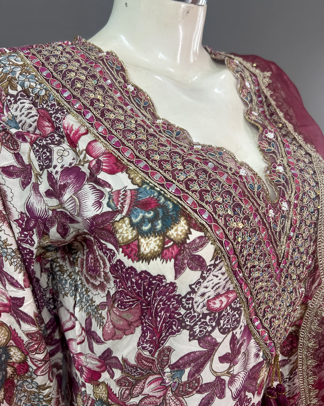 Vintage Burgundy Floral Rayon Cotton Kurti Set