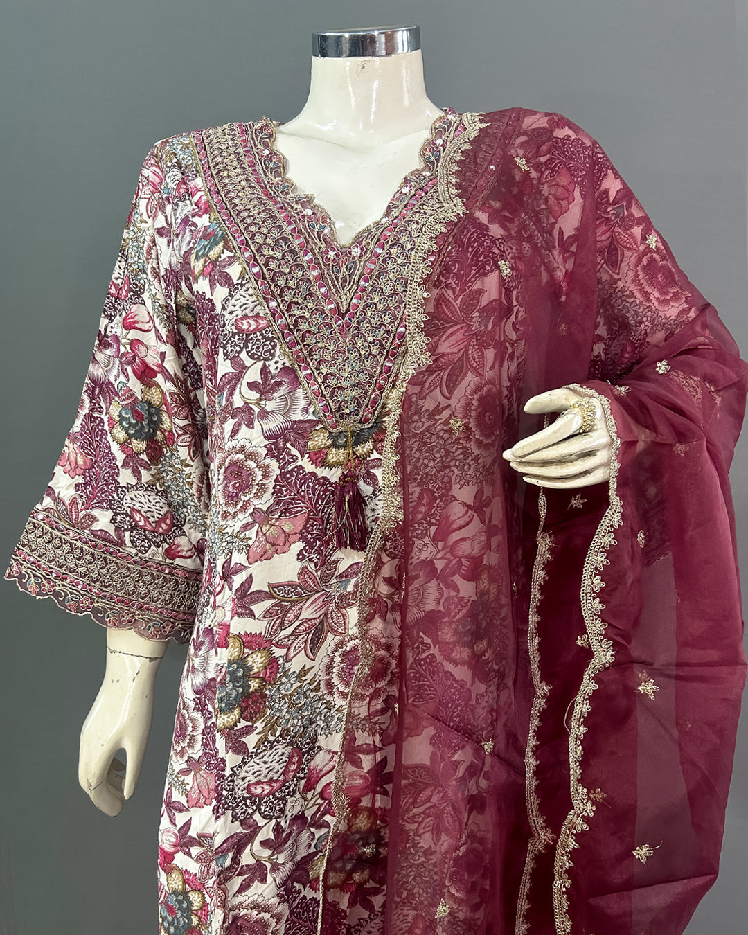 Vintage Burgundy Floral Rayon Cotton Kurti Set