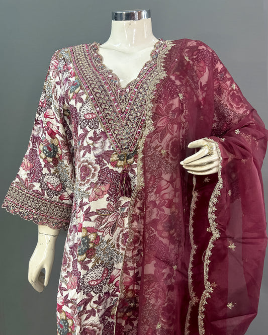Vintage Burgundy Floral Rayon Cotton Kurti Set