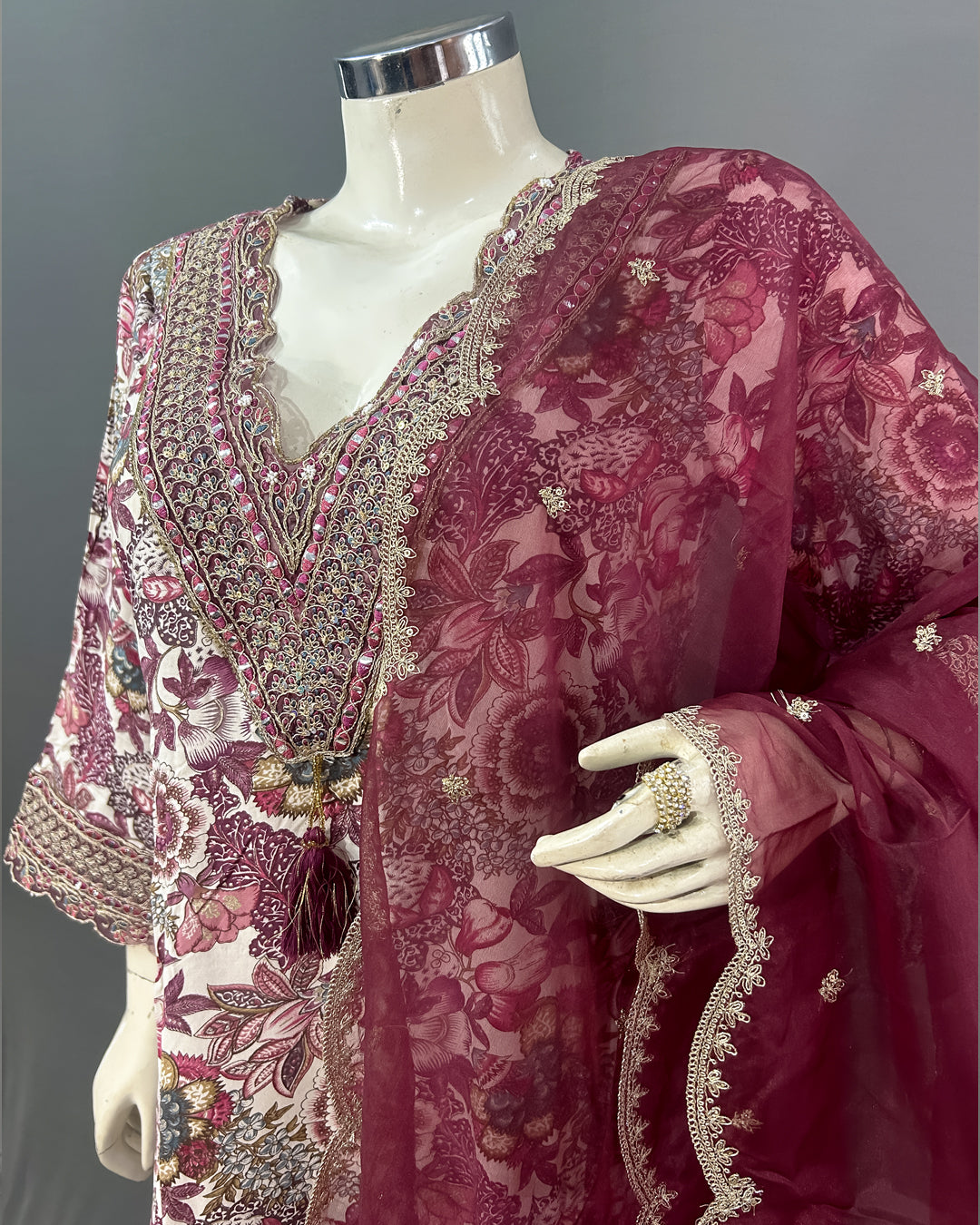 Vintage Burgundy Floral Rayon Cotton Kurti Set