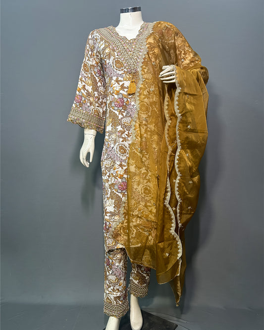 Vintage Gold Floral Rayon Cotton Kurti Set