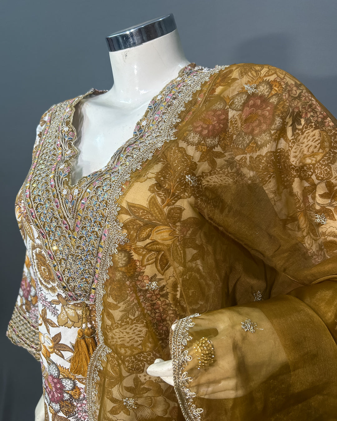 Vintage Gold Floral Rayon Cotton Kurti Set