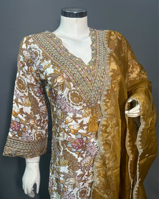Vintage Gold Floral Rayon Cotton Kurti Set