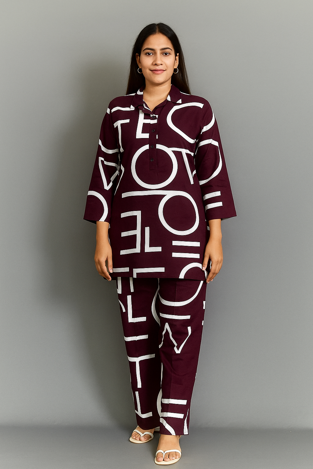 Urban Script Deep Co-ord Set (Maroon Rayon)