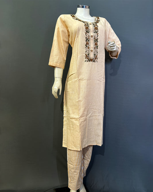 Sand Dune Embroidered Linen Cotton Kurti Set