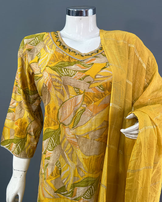 Sunshine Leaf Print Rayon Cotton Kurti Set