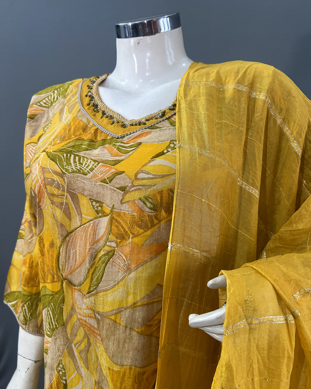 Sunshine Leaf Print Rayon Cotton Kurti Set