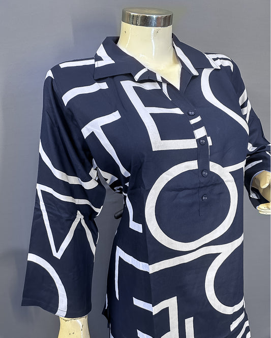 Urban Script Rayon Co-ord Set (Navy Blue)