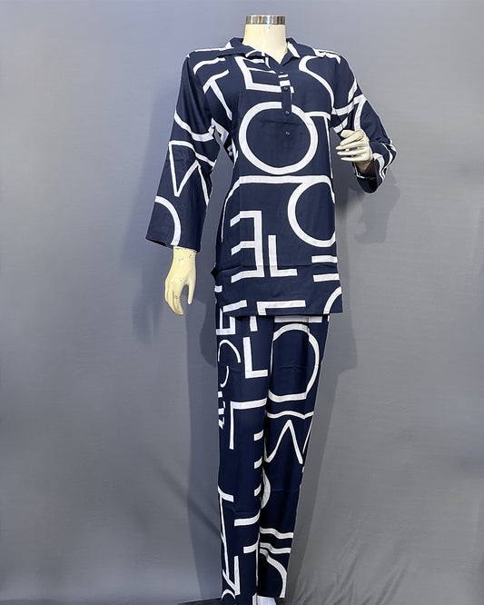 Urban Script Rayon Co-ord Set (Navy Blue)