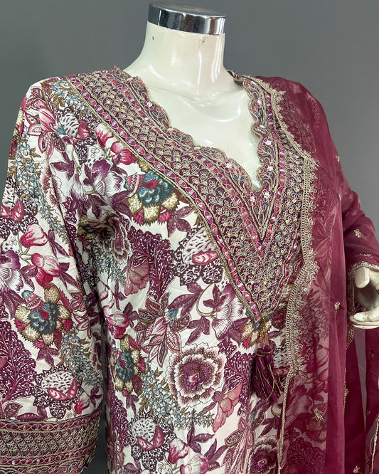 Vintage Burgundy Floral Rayon Cotton Kurti Set